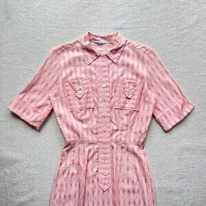 Vintage 40s Dolly Myers Pink & White Jacquard Short Sleeve Belted Shirt Dress